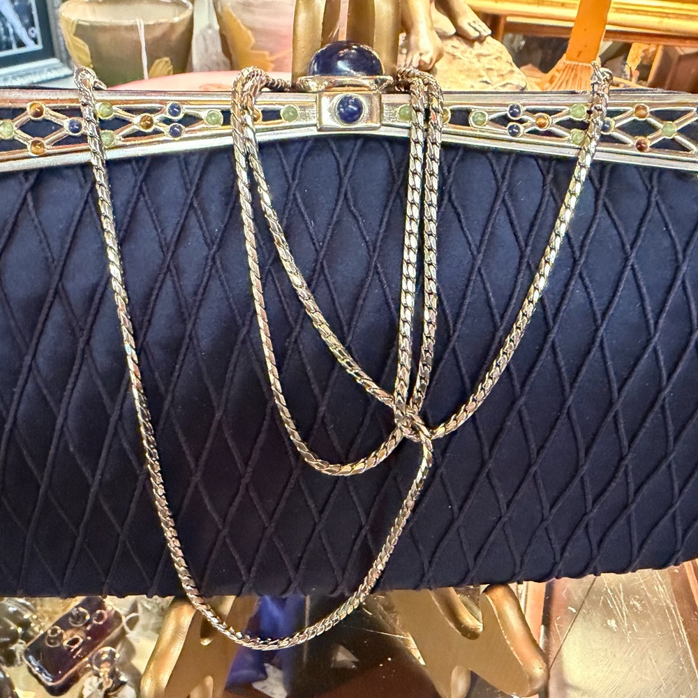 Judith Leiber navy blue Quilted Clutch with Gold Chain - Picture 6 of 6
